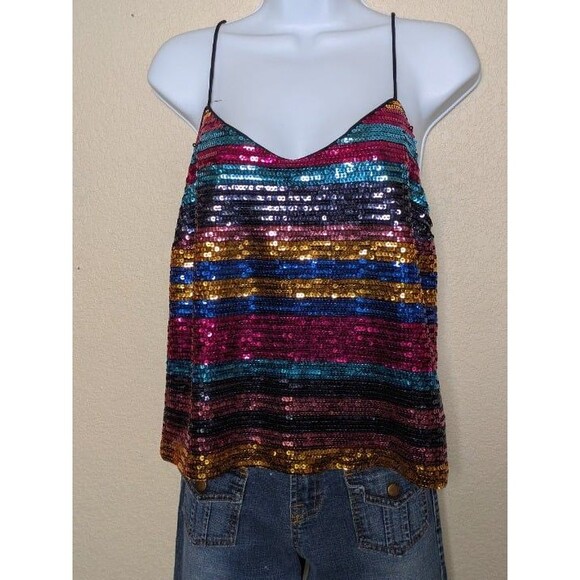 WAYF Rainbow Striped Sequin Cami Tank Top Size Large Festival Rave Party Y2K - Picture 2 of 10